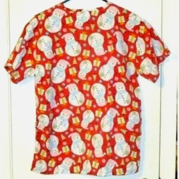 Christmas Snowman Print Peppermint Scrubs Top Red Festive Holiday V-Neck Pockets - Picture 6 of 6